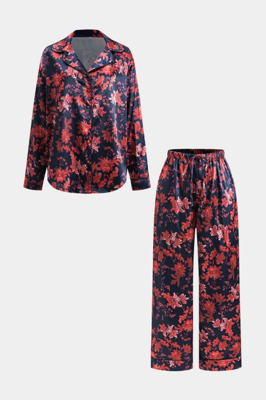 Blomsterprint Satin Langærmet skjorte og Ruched Tie Front Wide Leg Bukser Set sold by Micas