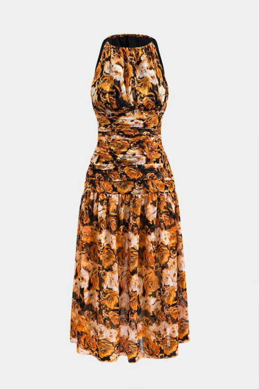 Floral Print Mesh Textured Ruched Sleeveless Maxi Dress sold by Micas