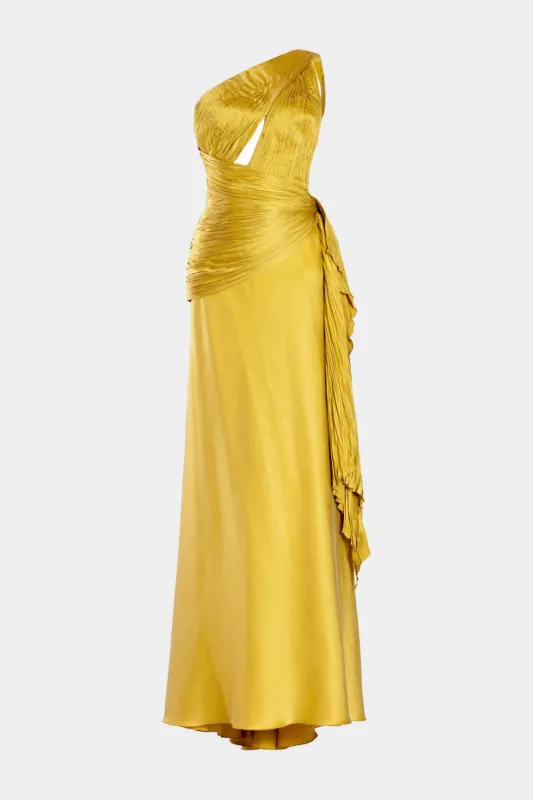 Satin Ruched Asymmetrical Backless Maxi Dress sold by Micas