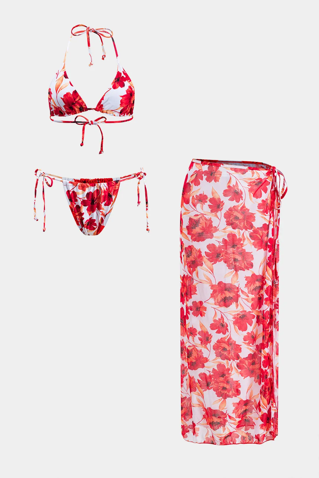 Blomsterprint Mesh Ruched Strappy Backless Bikini og Tie Knot Cover Up Set sold by Micas