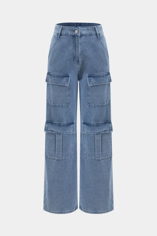 Denim Button Flap Pocket Wide Leg Jeans sold by Micas