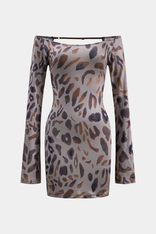 Leopard Print Rackless Off Shoulder Langærmet mini kjole sold by Micas
