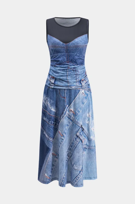 Illusion Print Ruched ærmeløs maxi kjole sold by Micas