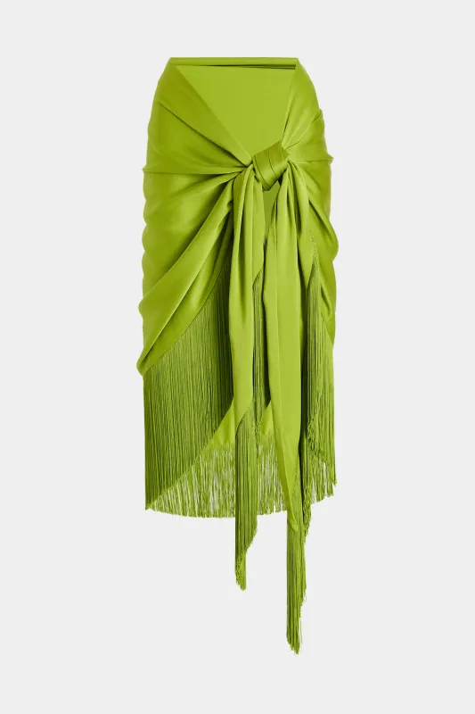 Satin Ruched Tie Front Fringe Skirt sold by Micas