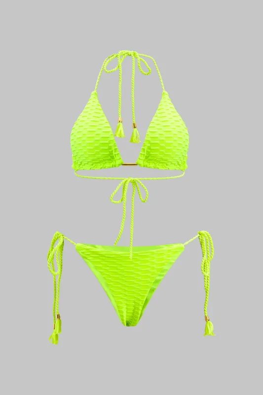 Metallic Fringe Ruched Tie Up Bikini Set sold by Micas