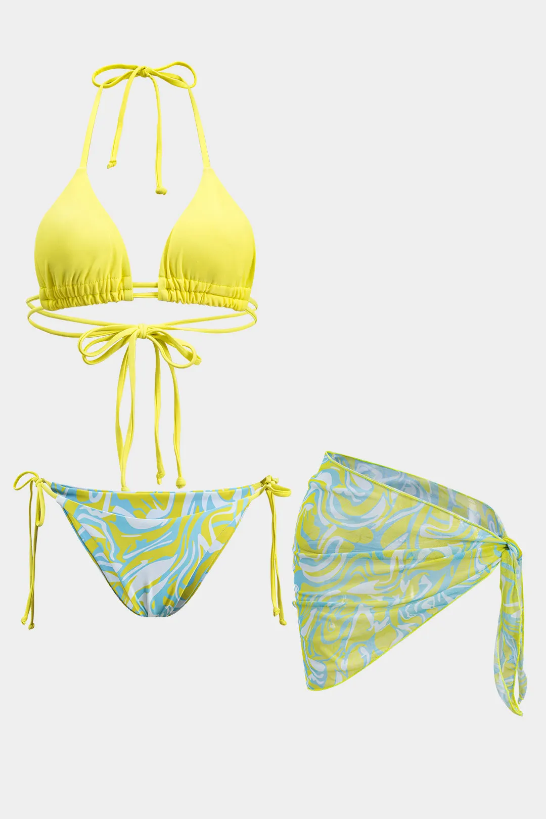 Kontrast Abstrakt print Mesh Ruched Tie Up bagløs bikini og slips Knot Cover Up Set sold by Micas