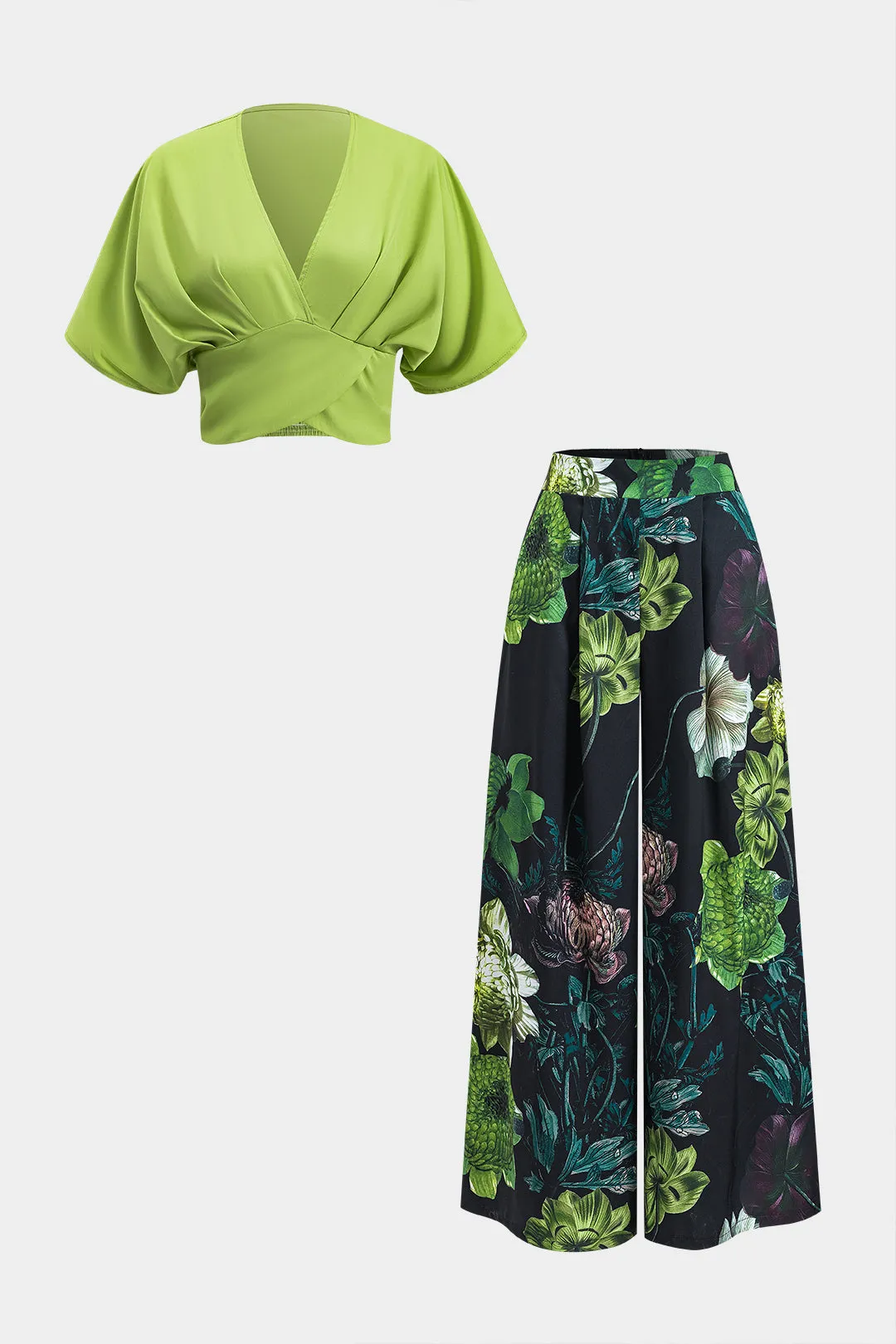 Ruched kort ærme top og blomsterprint lynlås brede benbukser sæt sold by Micas