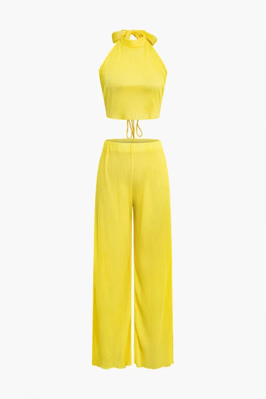 Ruched Tie Up Backless Cami Top og Wide Leg Bukser Set sold by Micas