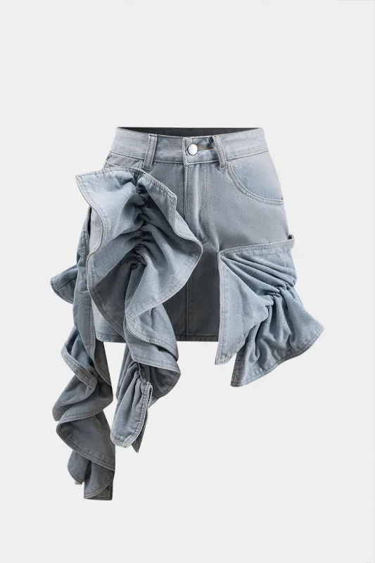 Denim plisseret ruffle knap lomme nederdel sold by Micas