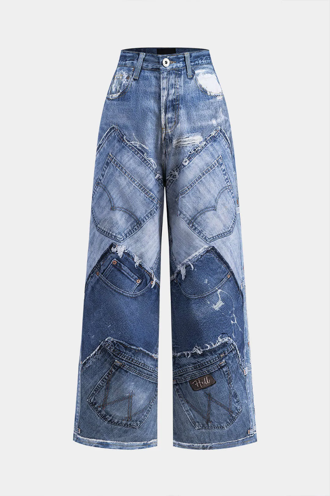 Abstrakt print denim lomme knap brede ben jeans sold by Micas