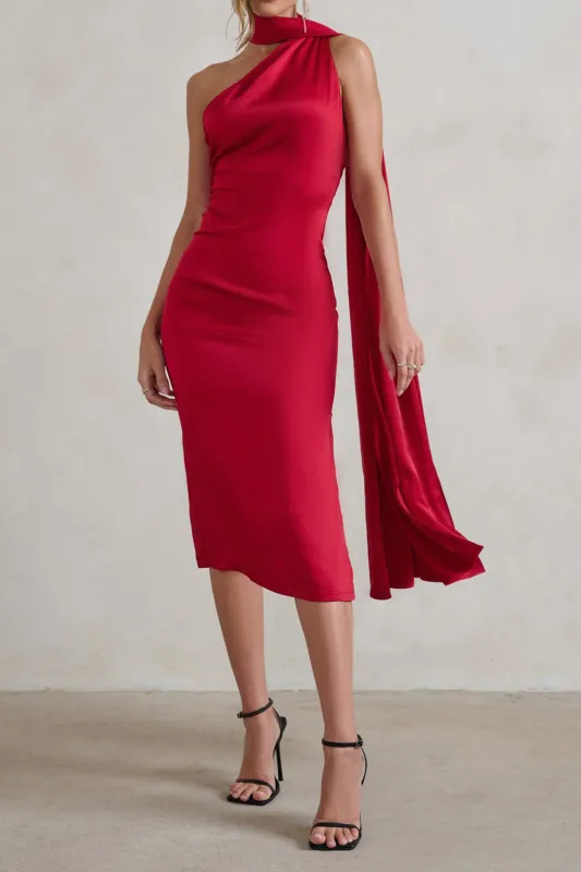 Satin Ruched Halter Neck Backless Zipper Slit Midi Dress sold by Micas