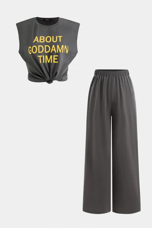 Letter Print Ruched Sleeveless Top And Wide Leg Trousers Set sold by Micas