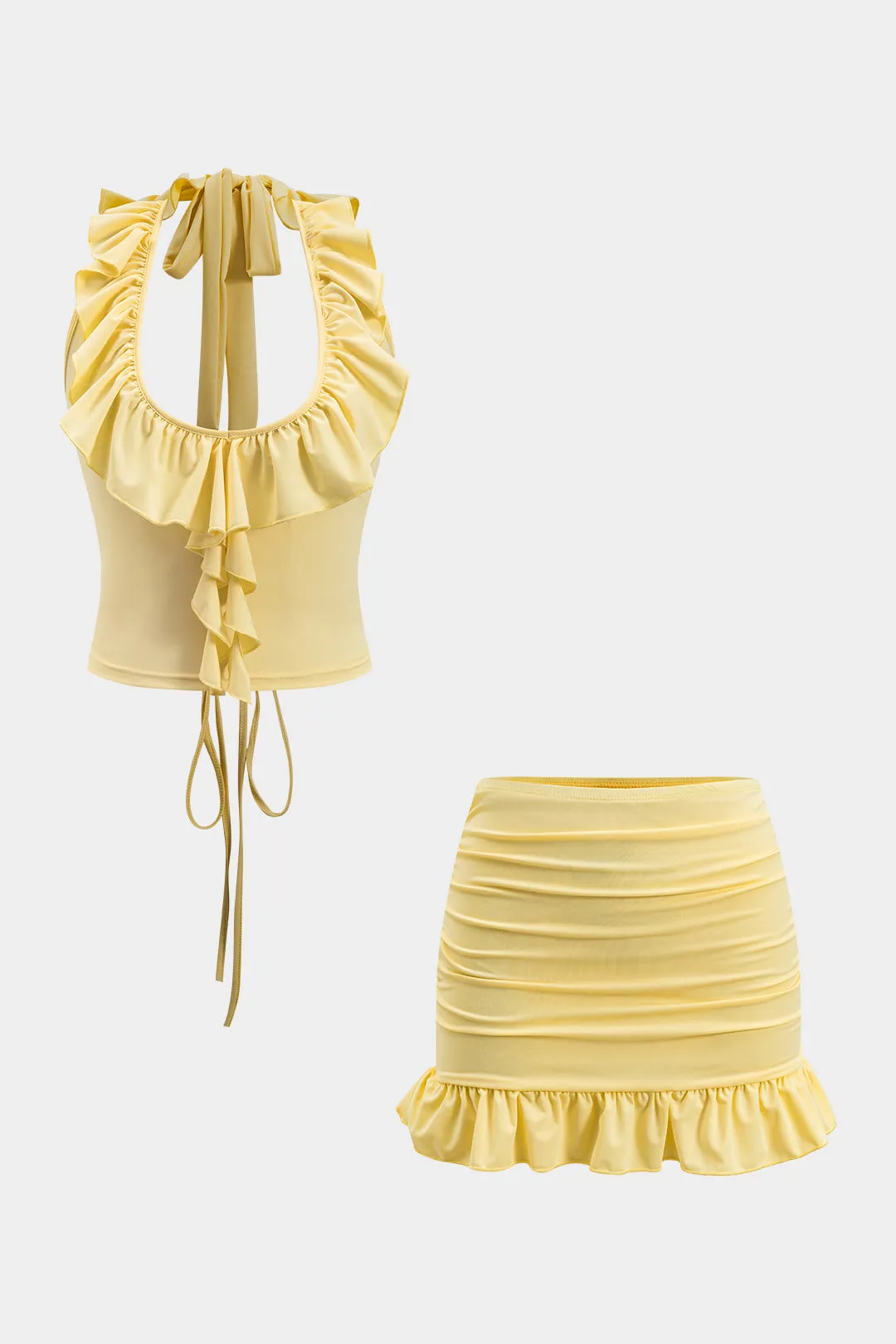 Ruched Ruffle Tie-Up Backless Top og Nederdel sæt sold by Micas