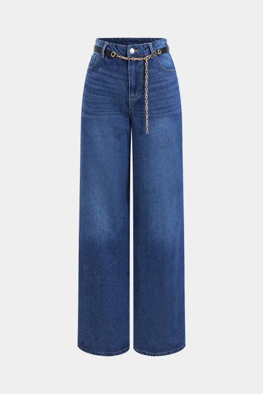 Metalkæde denim bæltet lynlås knap lomme brede ben jeans sold by Micas