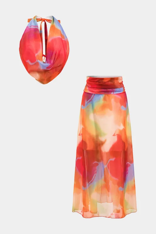 Ombre Print Chiffon Ruched Rackless Tie Up Cami Top og Nederdel sæt sold by Micas