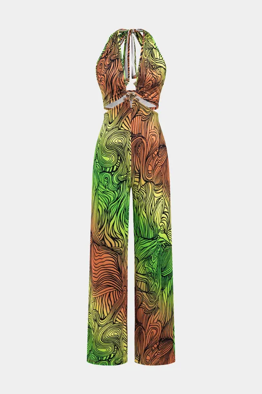 Abstract Print Metallic Decor Ruched Tie Up bagfra jumpsuit sold by Micas