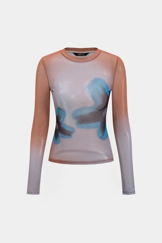 Abstract Print Mesh Ruched Long-Sleeve Top sold by Micas
