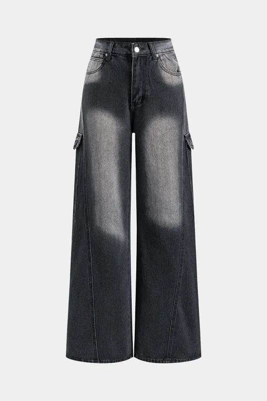 Denim klap lomme knap brede ben jeans sold by Micas