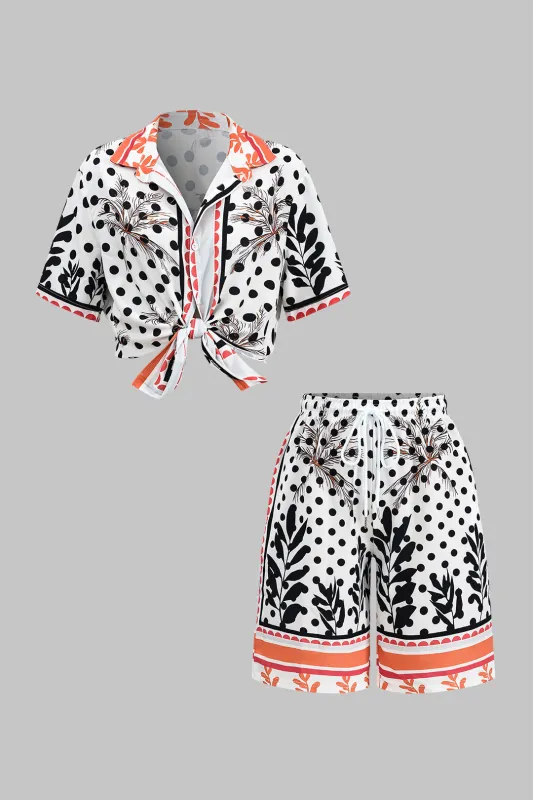 Polka Dots Print -knap Kortærmet skjorte og Ruched Tie Front Shorts Set sold by Micas