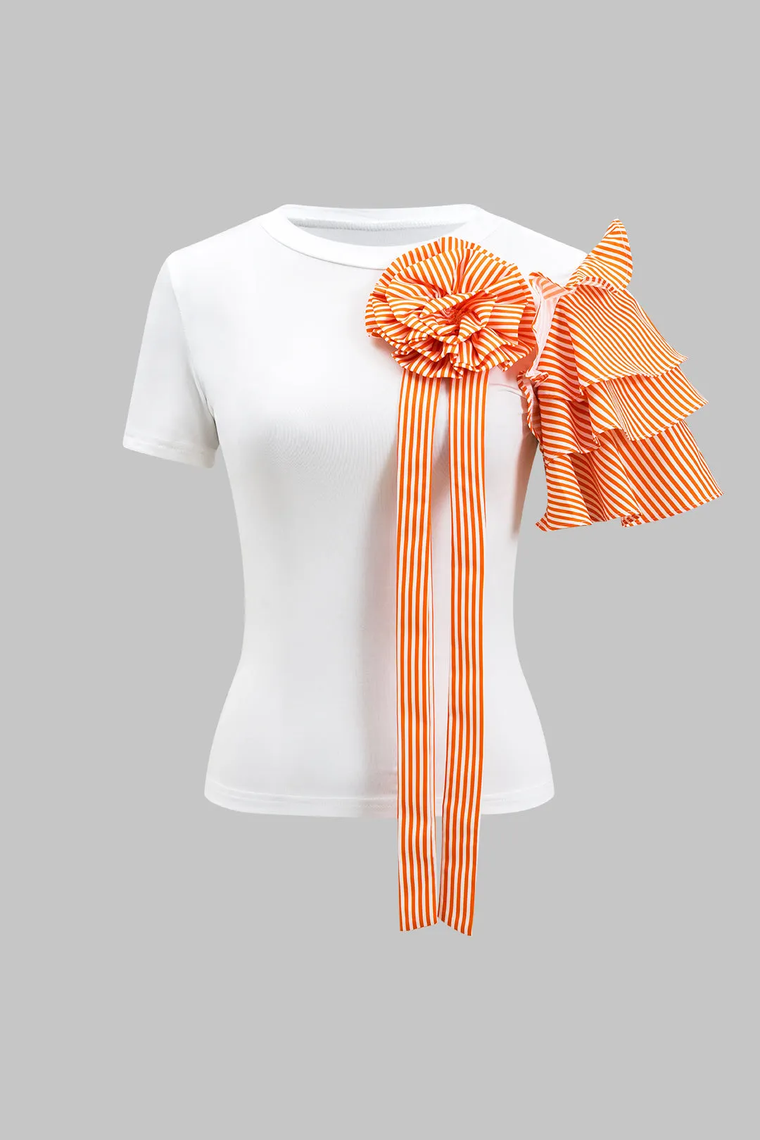 Stripe Print 3D Blomster kortærmet top og knap brede benbukser sæt sold by Micas product image thumbnail 2