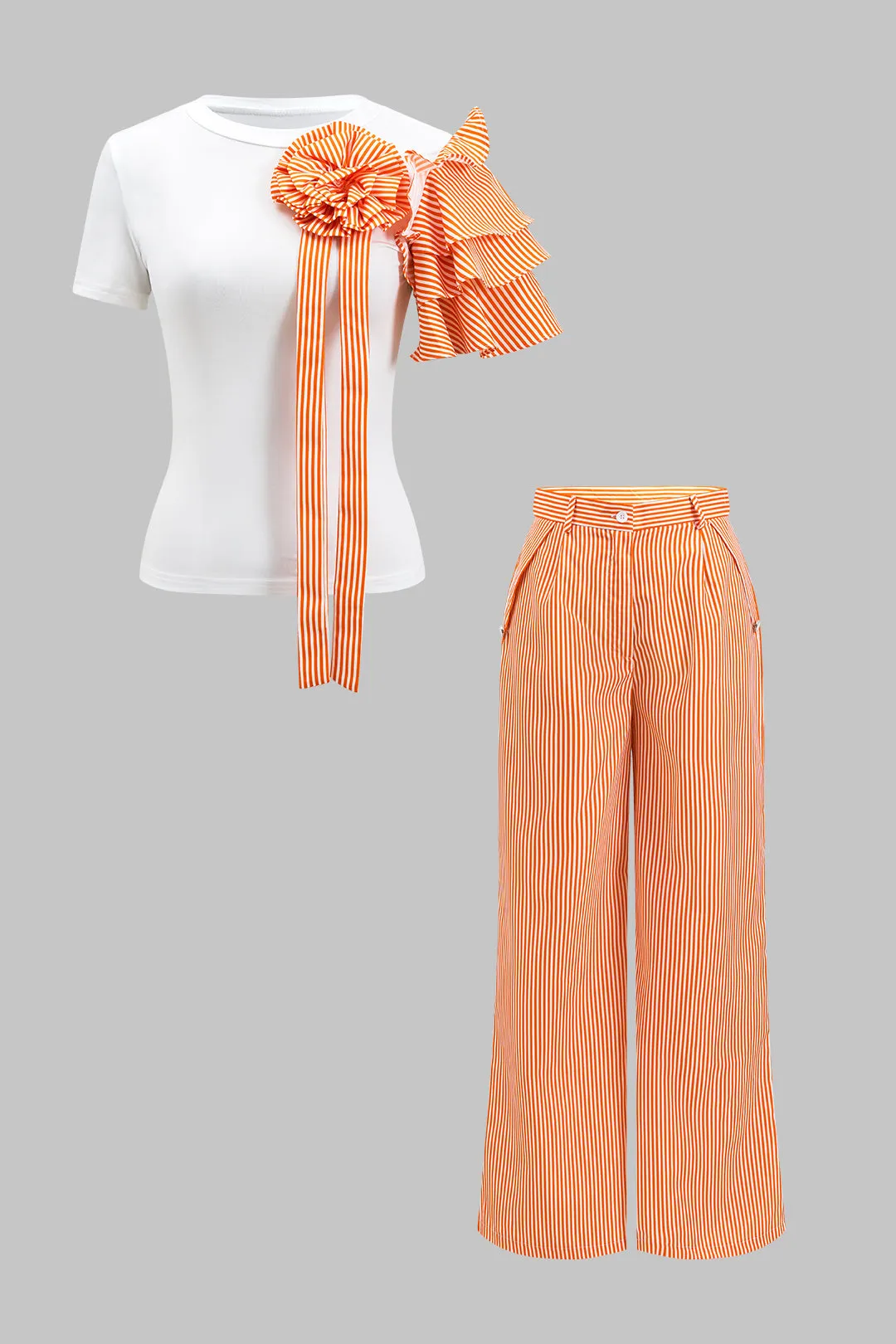 Stripe Print 3D Blomster kortærmet top og knap brede benbukser sæt sold by Micas