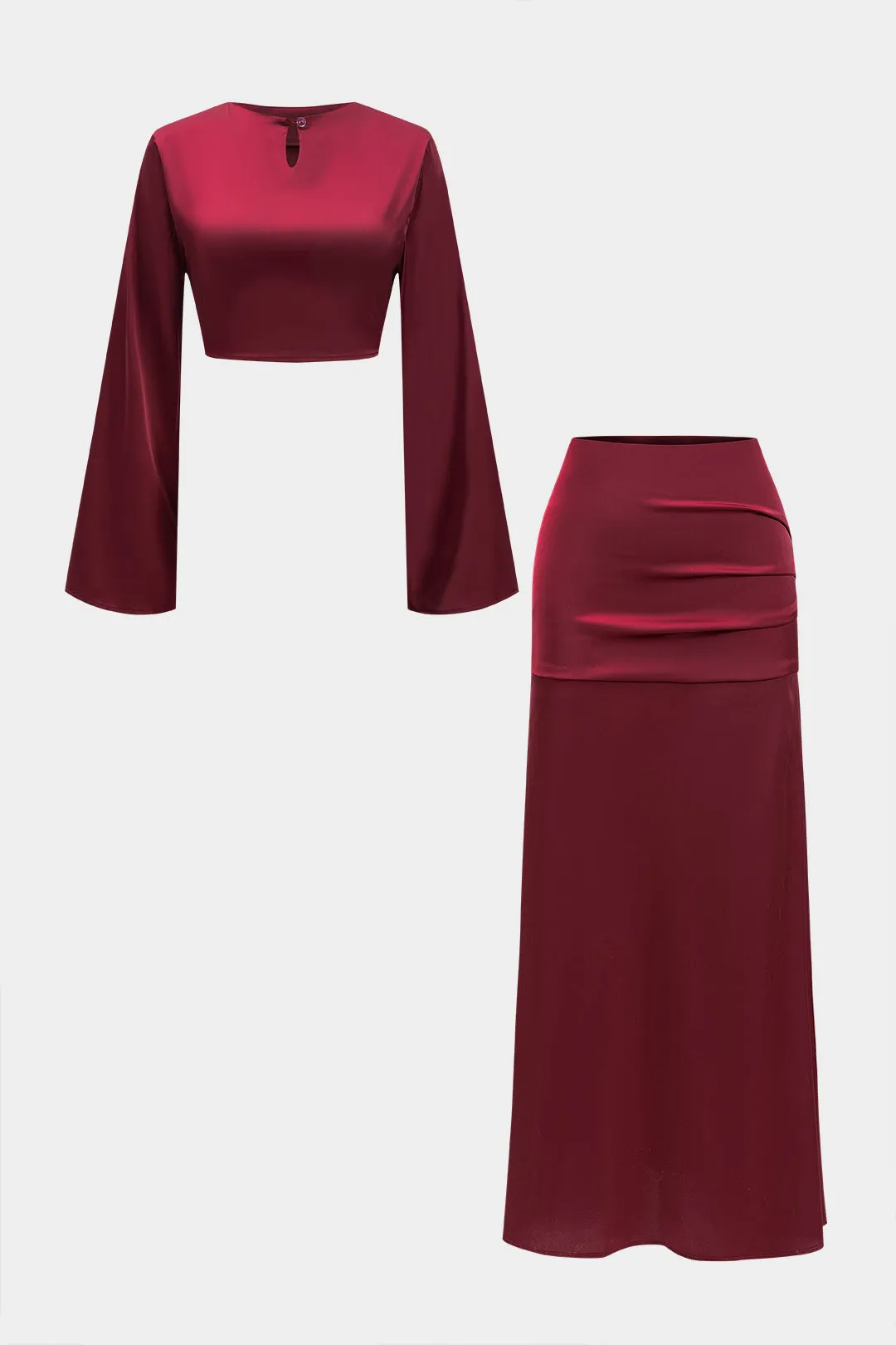 Satin -knap Langærmet top og Ruched lynlåsskørt sæt sold by Micas