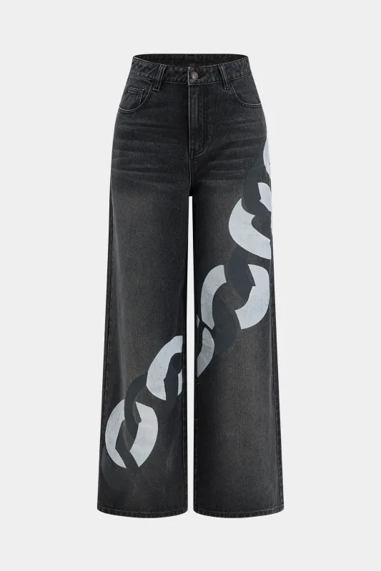 Chain Print Denim Button Pocket Wide Leg Jeans sold by Micas