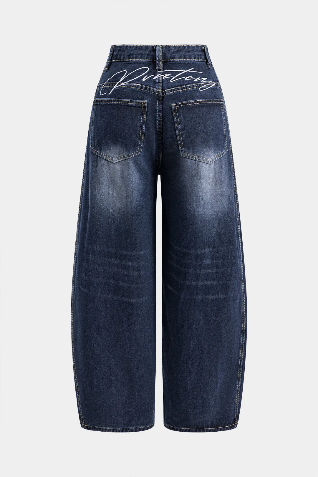 Denim broderi knap lomme brede ben jeans sold by Micas product image thumbnail 2