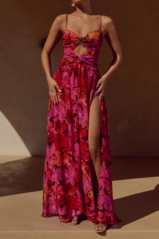 Floral Print Metal Decor Ruched Twist Knot Hollow Out Slit Slip Maxi Dress sold by Micas