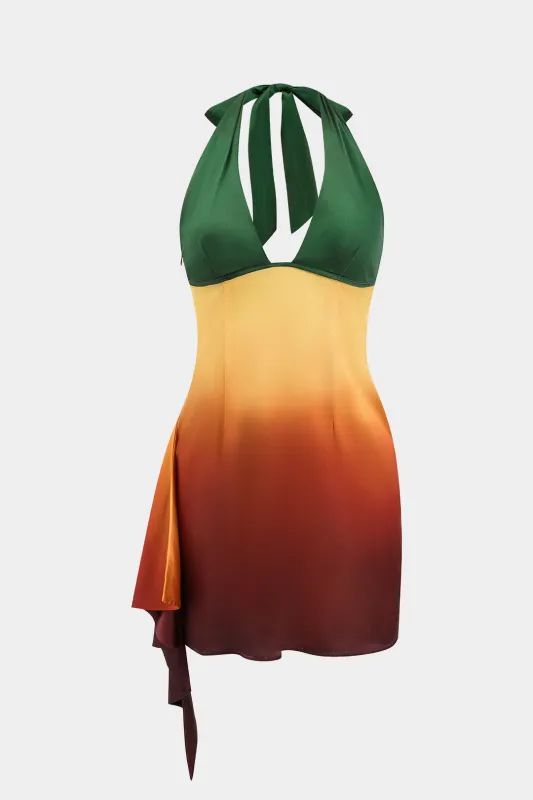 Ombre Print Satin Ruffle Tie op rygfri mini -kjole sold by Micas