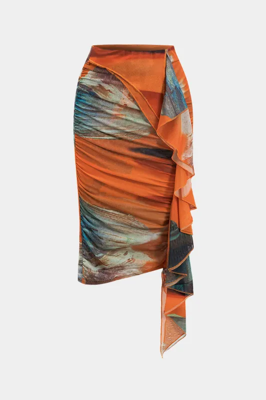 Abstract Print Mesh Ruched Asymmetrical Scallop Skirt sold by Micas