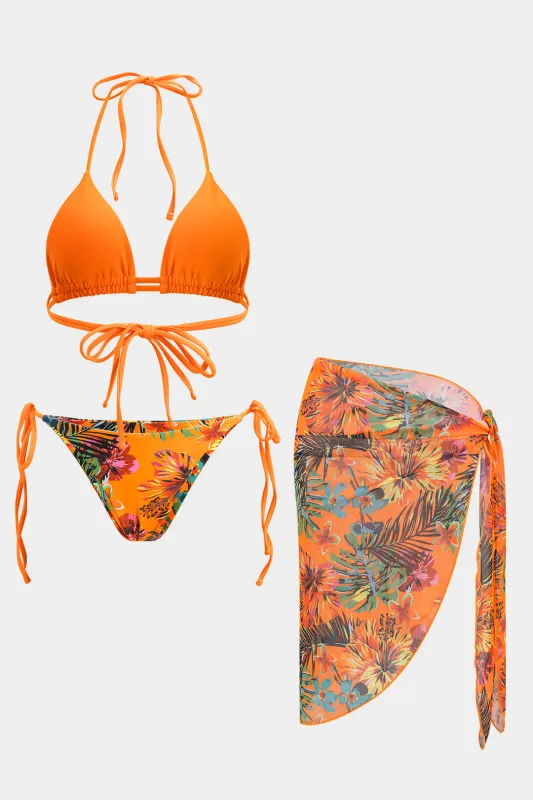 Blomsterblade Print Mesh Ruched Tie Up bagløst bikini og slips Knot Cover Up Set sold by Micas