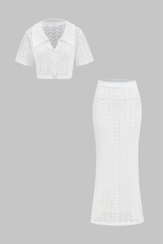 Strik udskåret knap kortærmet top og nederdel sæt sold by Micas