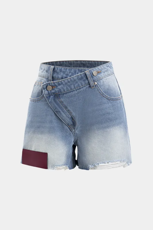 Denim asymmetrisk knaplomme rippet shorts sold by Micas