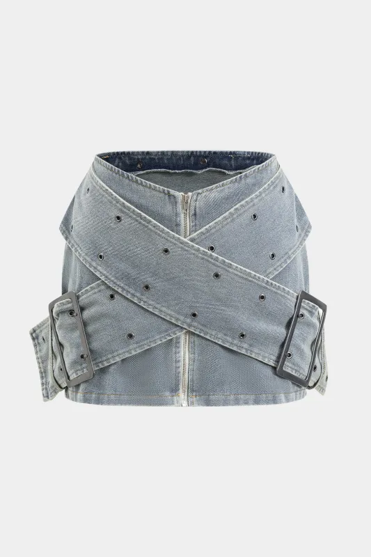 Denim krydsede bæltet lynlås nederdel made by Micas