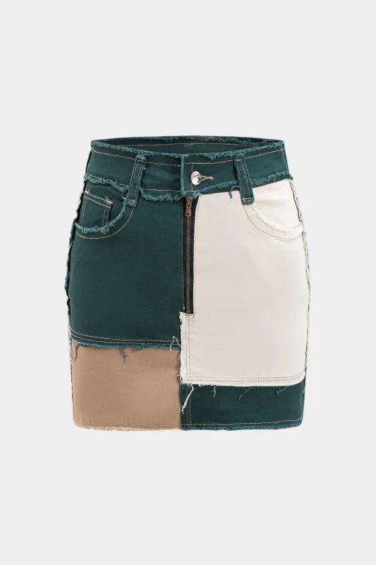 Kontrast denim patchwork -knaplomme lynlås nederdel sold by Micas