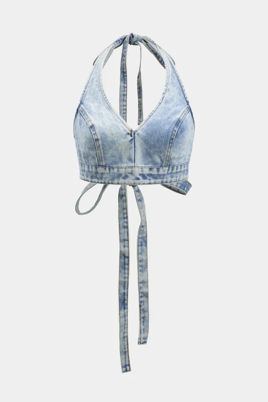 Denimbinding afgrøde top sold by Micas