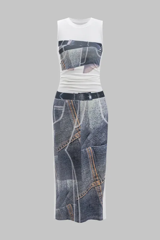 Retro print ruched ærmeløs midi kjole sold by Micas