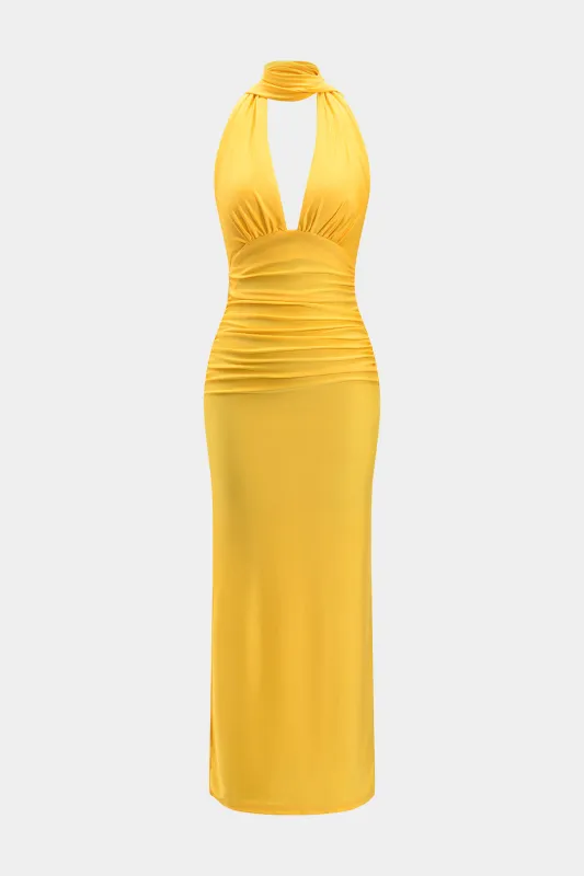Ruched Halter Neck Backless Maxi Dress sold by Micas