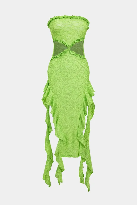 Tekstureret ruffle udskåret stropløs midi kjole sold by Micas
