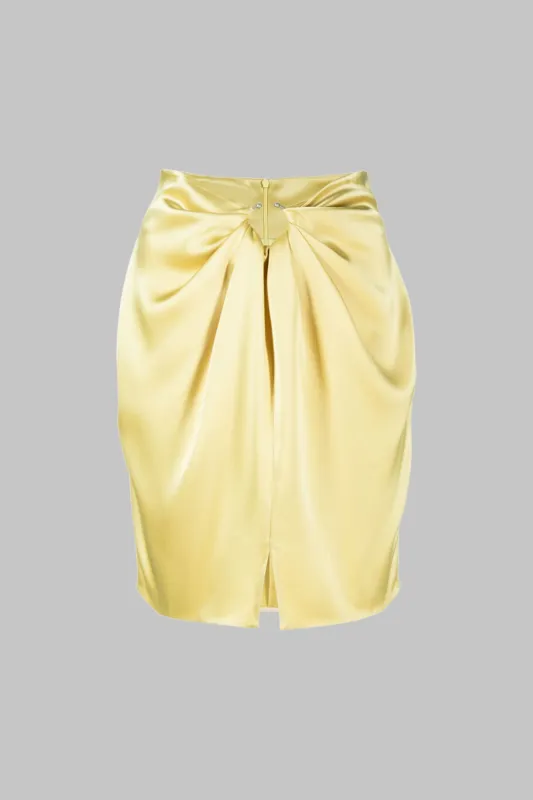 Satin Metallic Ruched Zipper Slit Skirt sold by Micas
