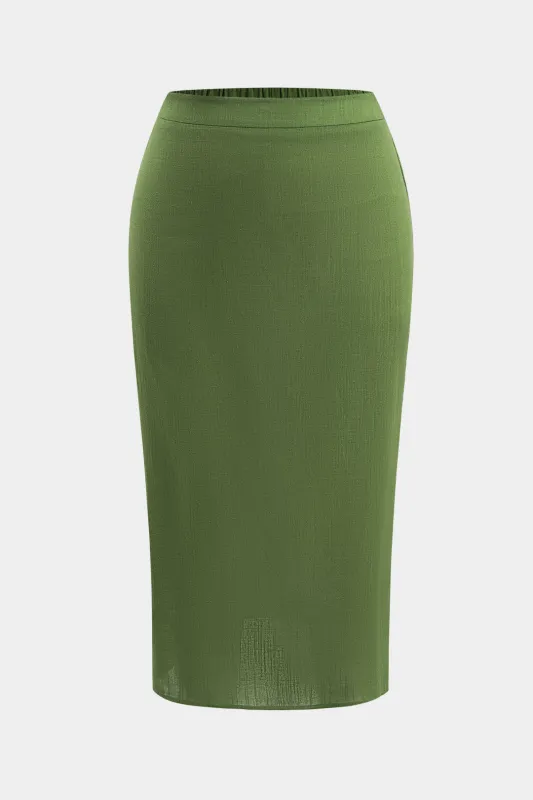 Plus Size Linen Ruched Slit Skirt sold by Micas