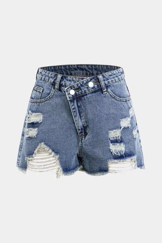 Denim asymmetri rippet knaplomme shorts sold by Micas