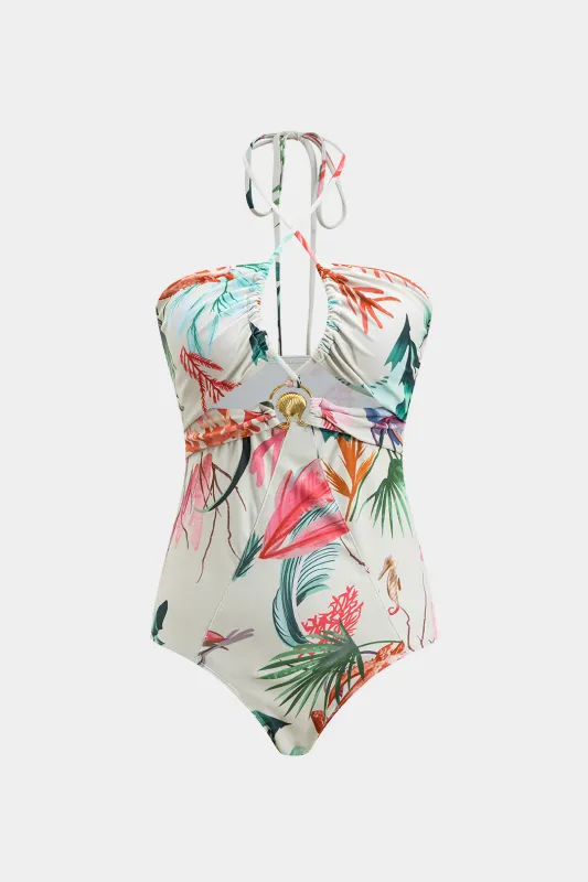 Blade Print Metal Ruched Cut Out Tie Up bagløst mave kontrol i ét stykke badedragt sold by Micas