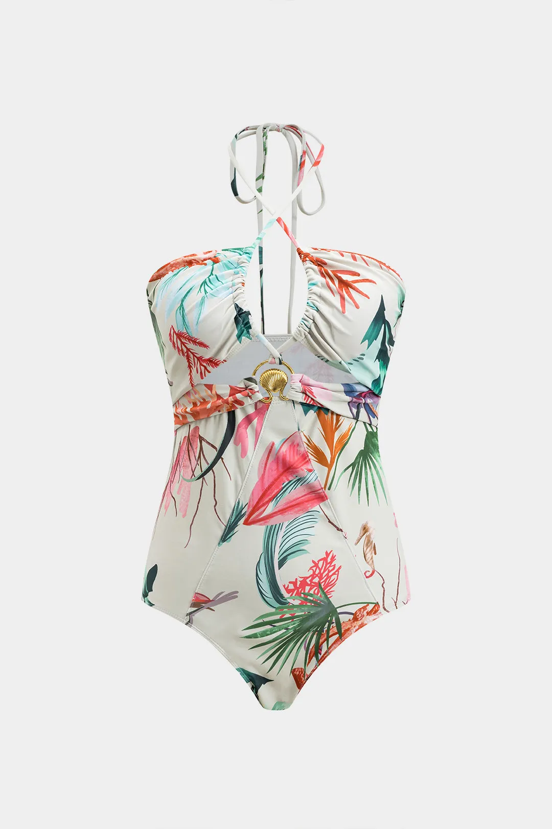 Blade Print Metal Ruched Cut Out Tie Up bagløst mave kontrol i ét stykke badedragt sold by Micas