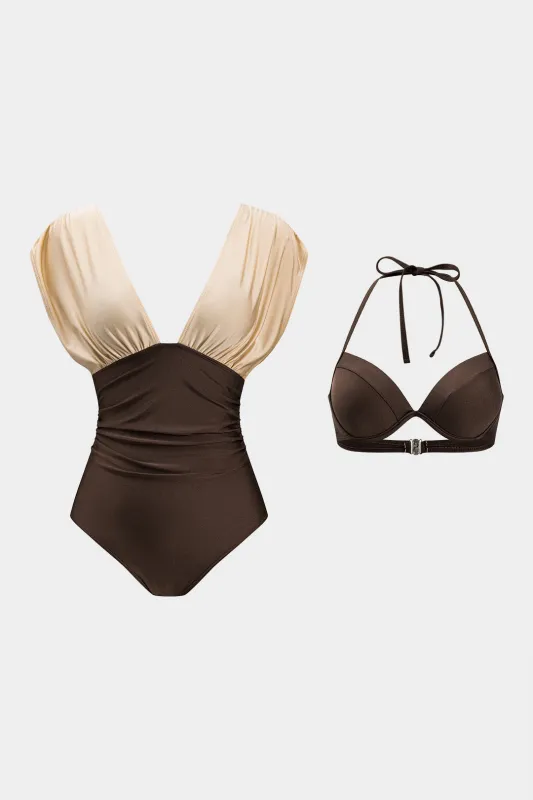 Kontrast Ruched Tummy Control I Swimsuit i ét stykke med bindingsbikini top sold by Micas