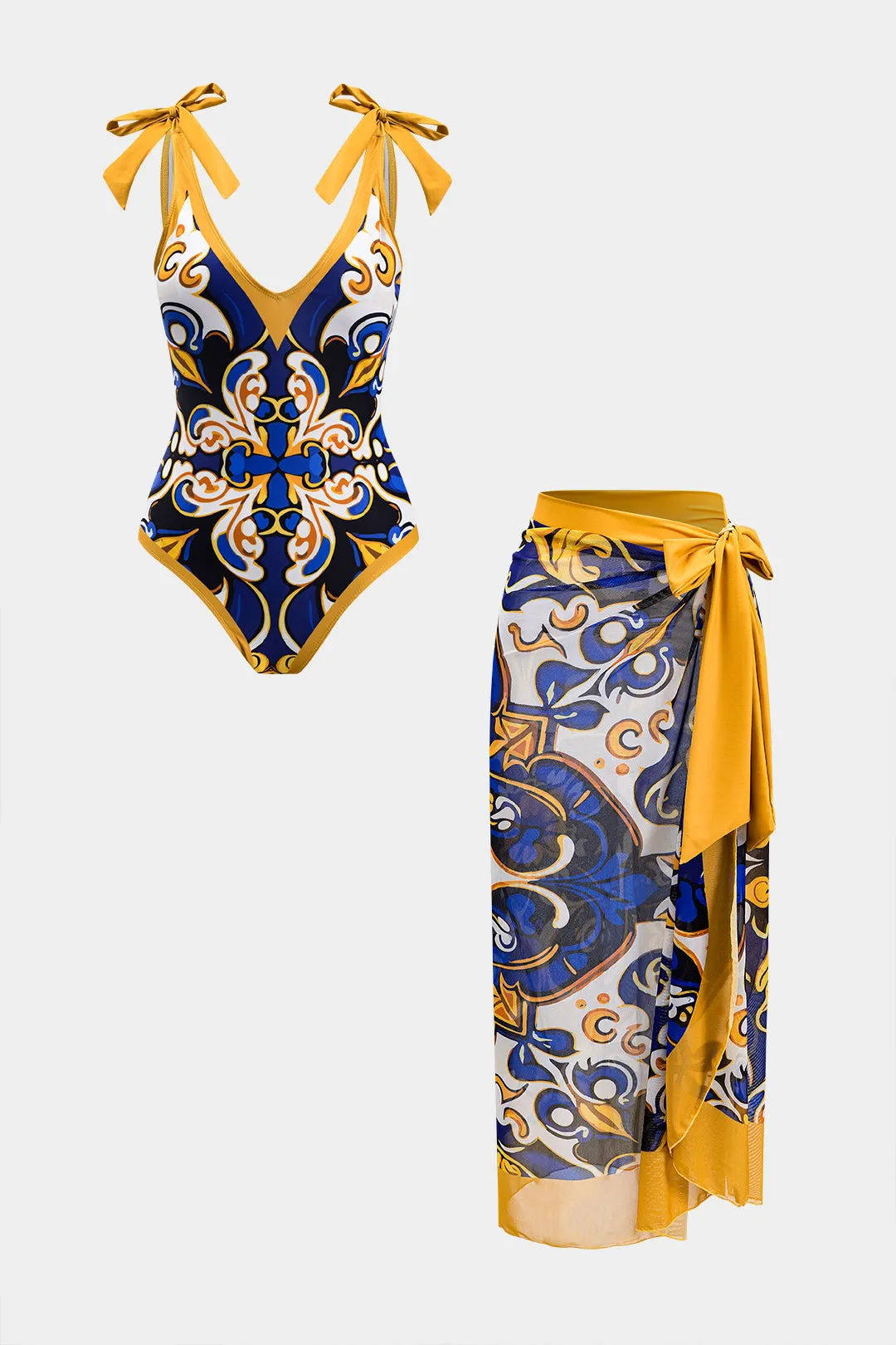 Bohemsk print Tie op rygfri mave kontrol Badetøj og Ruched Tie Front Cover Up Set sold by Micas