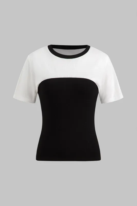 Kontrast Ruched Patchwork kortærmet t-shirt sold by Micas