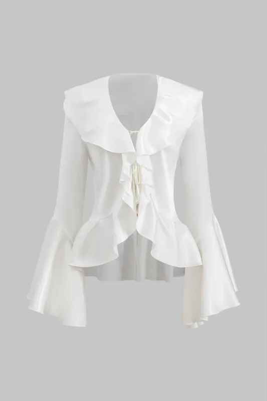 Satin Ruched Ruffle Tie Front Bell Sleeve Shirt sold by Micas