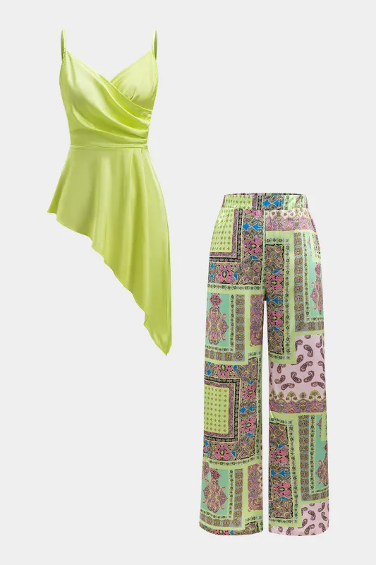 Satin Ruched Slip Mini Dress og Paisley Print Wide Leg Bukser Set sold by Micas
